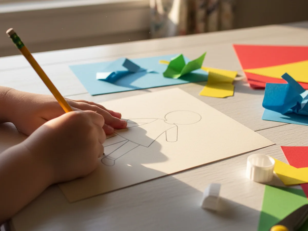 A child's hand tracing a paper doll body shape onto cardstock with a pencil