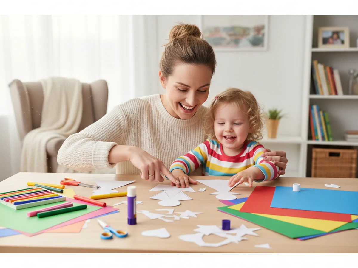 A mom and young child sitting at a craft table, smiling while making a paper doll craft together