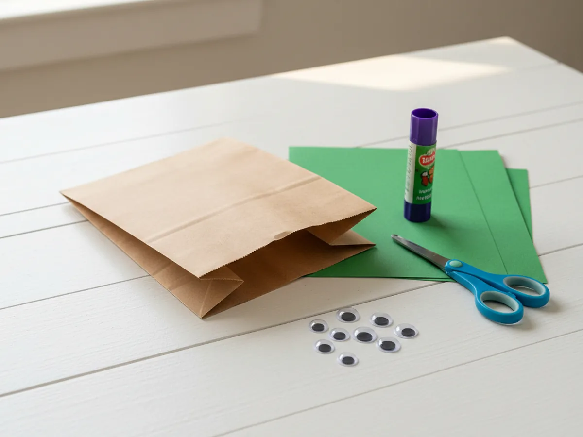 A flat brown paper lunch bag laid on a craft table with the folded bottom flap facing up, surrounded by green construction paper, scissors, and glue sticks