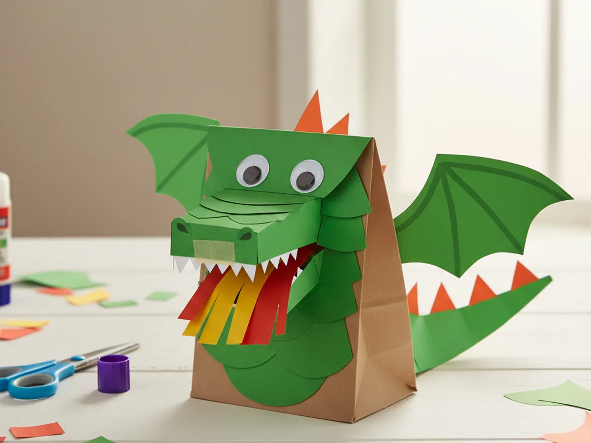 Finished paper dragon puppet craft made from a green paper bag with googly eyes, white teeth, orange spines, paper wings, and red and yellow flames on a craft table