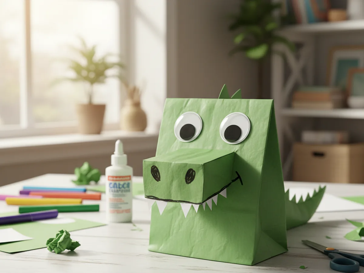 Two large googly eyes pressed onto the upper face of a green paper bag dragon puppet, with black marker nostrils drawn below on a craft table