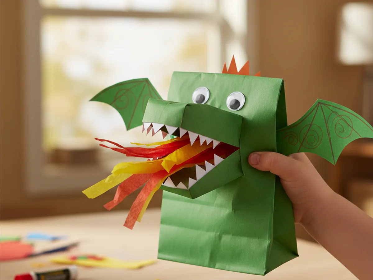 A completed paper dragon puppet craft held up by a child's hand showing the open mouth with red and yellow paper flames, googly eyes, white teeth, orange spines, and green paper wings