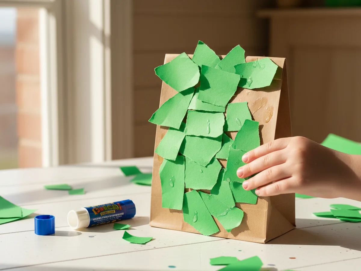 Bright green construction paper pieces being glued onto a brown paper lunch bag on a craft table, covering it to become a green dragon puppet body
