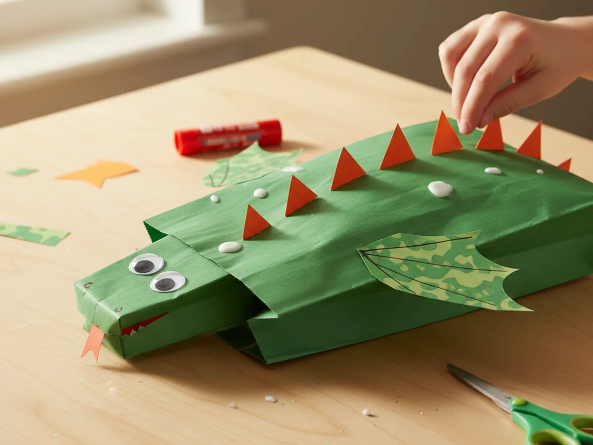A row of orange triangular paper spines being glued along the top edge of a green dragon paper bag puppet on a craft table