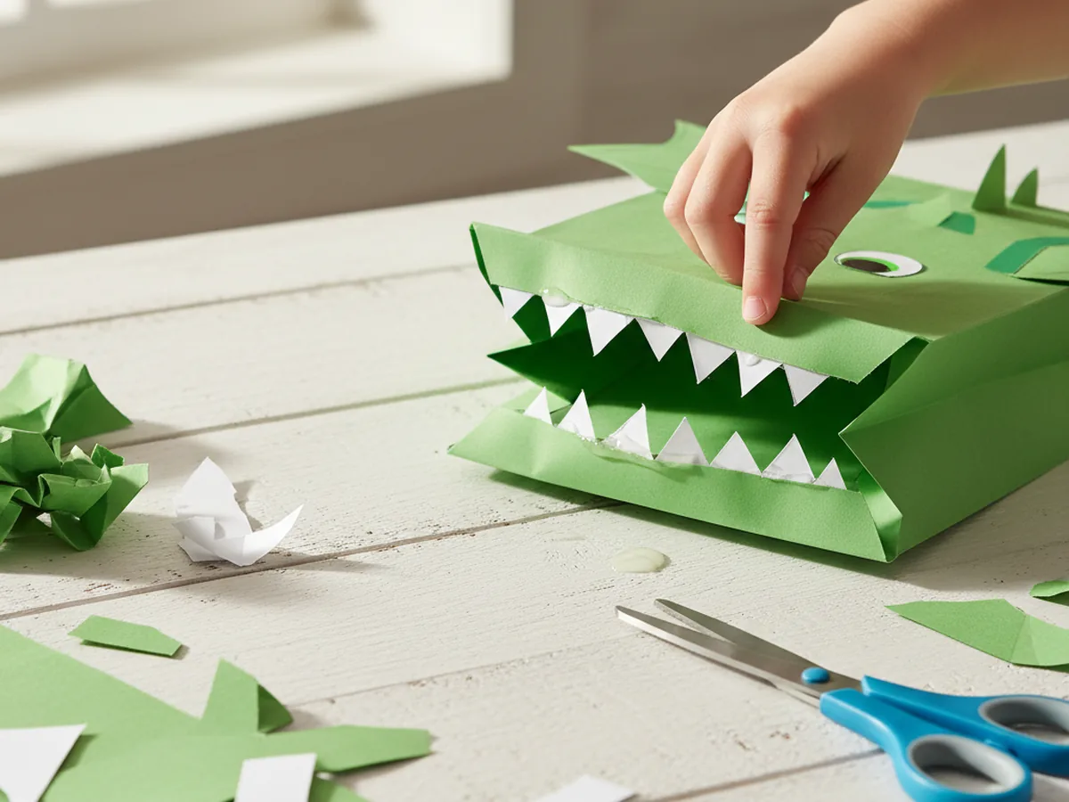 A white construction paper strip cut into zigzag teeth being glued inside the bottom flap of a green paper bag dragon puppet on a craft table