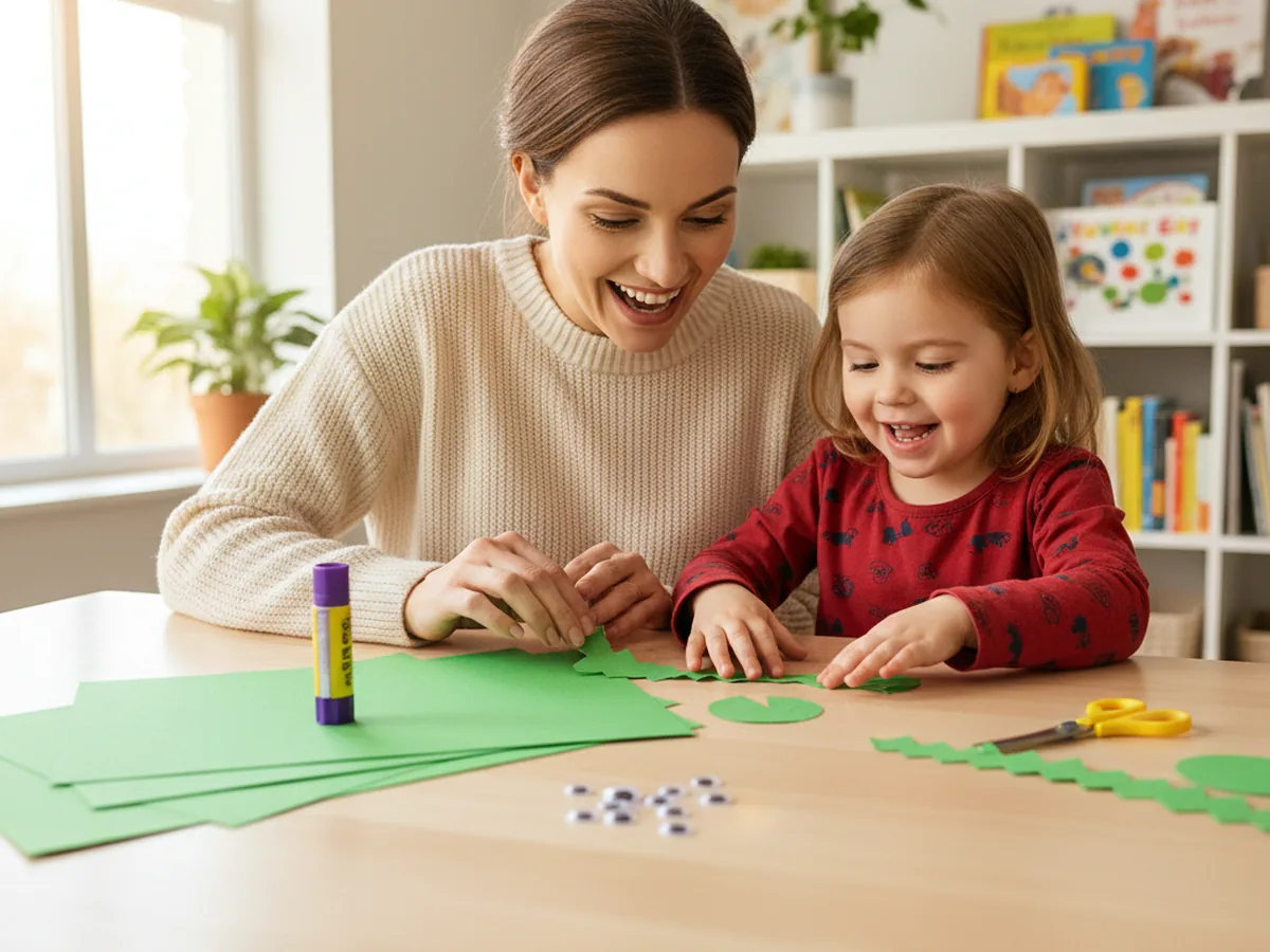 A mom and young child sitting together at a craft table, smiling and excited to start making a paper dragon puppet craft with construction paper and craft supplies