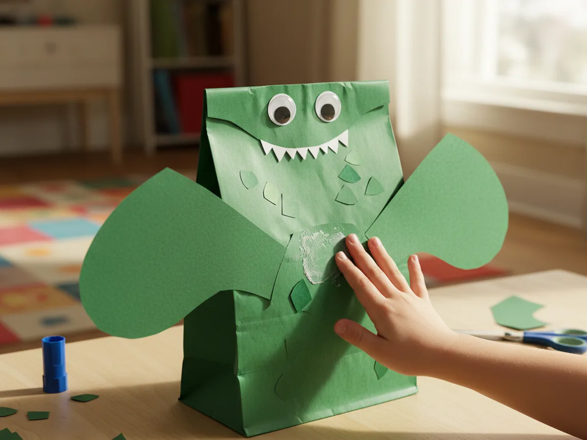 Two large green paper wings being glued to the sides of a green paper bag dragon puppet on a craft table, with the wings spread out dramatically