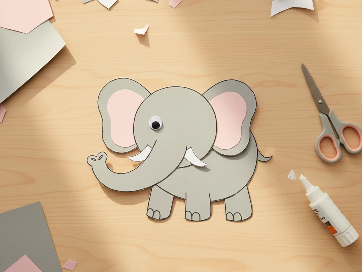 A small googly eye and two short white curved paper tusks added to the face of a paper elephant craft, with the tusks placed on either side of the curled trunk