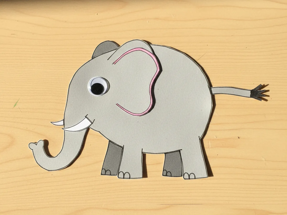 A thin grey paper strip with a small black fringe at the end being glued to the back of a paper elephant craft to form the tail