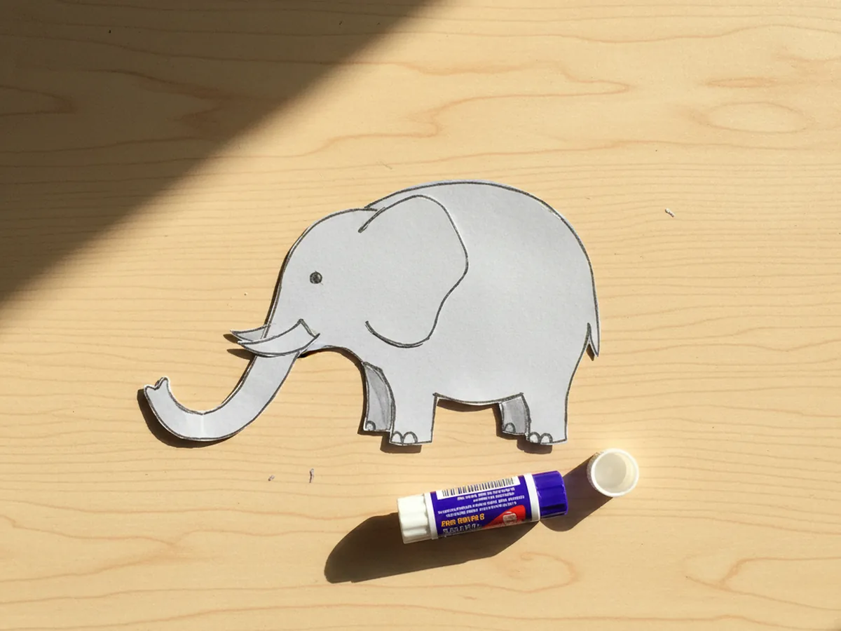 A long grey paper trunk being glued onto the front of the grey elephant body, curving down and curling up at the tip on a craft table