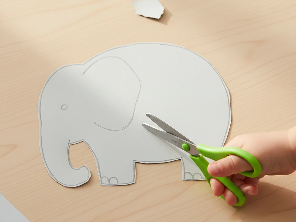 A child's hand cutting a rounded grey construction paper body shape with four stubby legs to form the body of a paper elephant craft on a wooden craft table