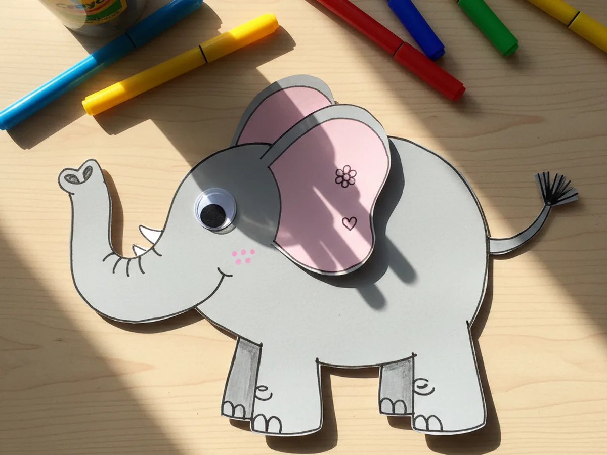 A finished paper elephant craft with marker toenails, a smiling mouth, and small heart patterns on the ears, ready for pretend play on a craft table