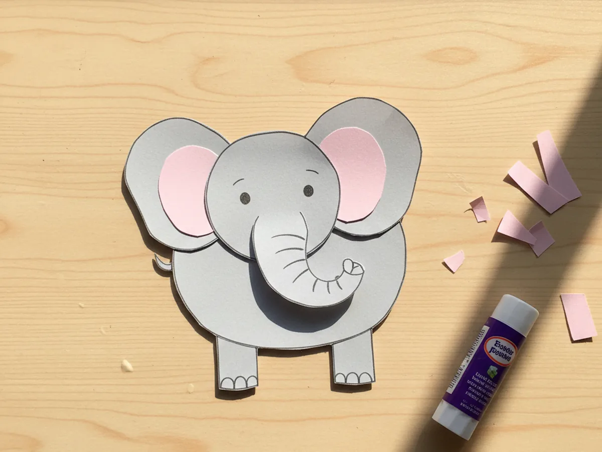 Two large grey paper ears with pink inner ear ovals glued onto the sides of the head of a paper elephant craft, with one ear slightly bent forward