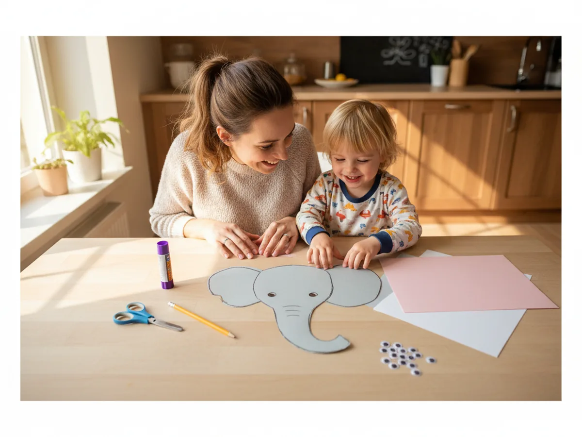 A mom and young child sitting at a craft table, smiling and starting a paper elephant craft together with grey, pink, and white construction paper