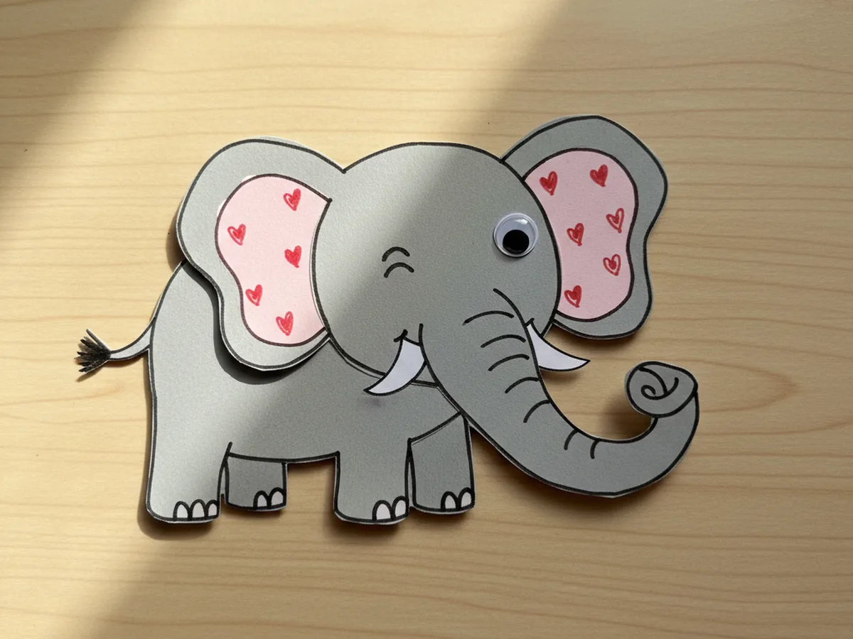 Finished paper elephant craft made from grey cardstock with pink inner ears, a curled trunk, white tusks, and a googly eye on a craft table