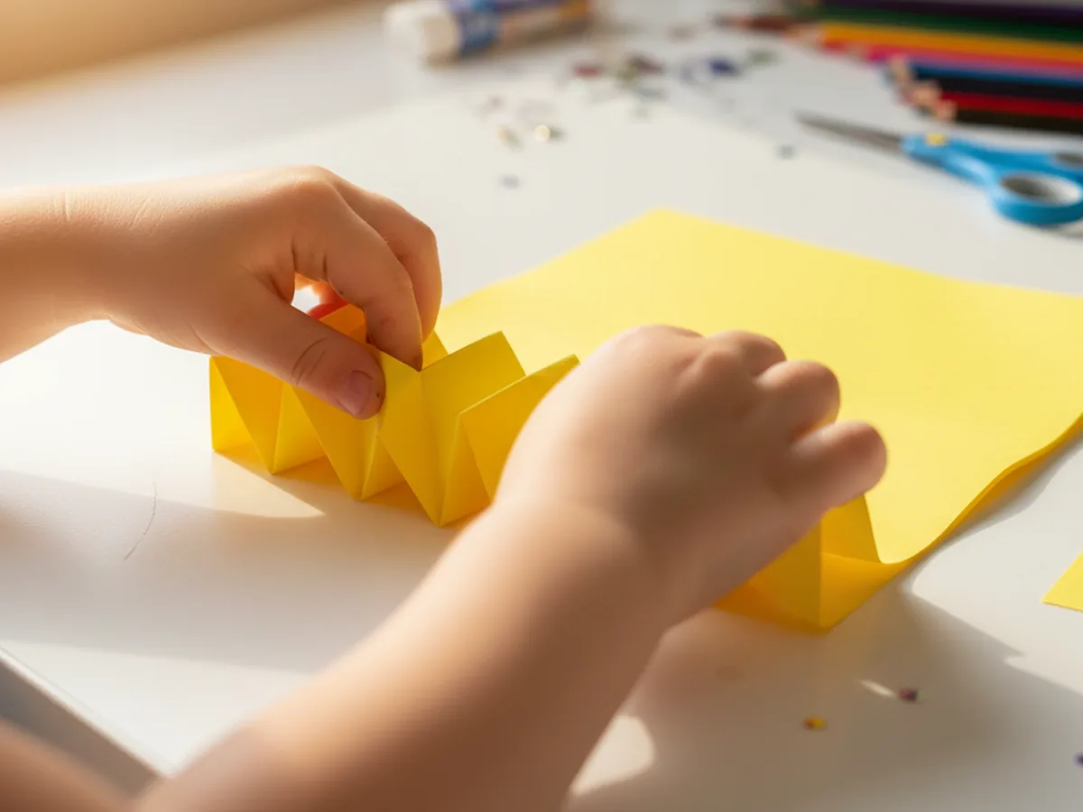 Hands accordion folding a yellow sheet of construction paper, showing the first few back-and-forth creases