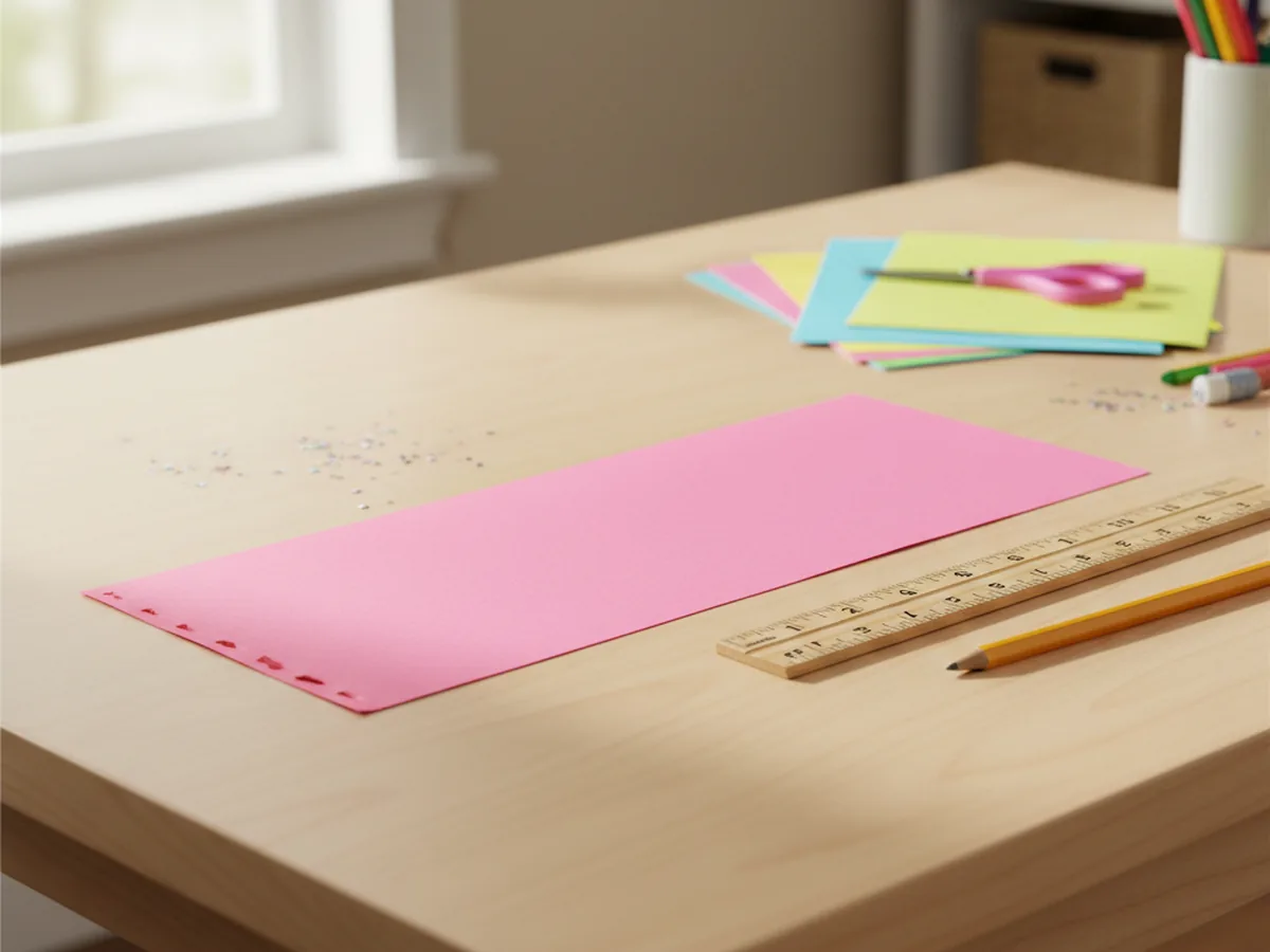 A long rectangle of bright pink construction paper on a white craft table, ready for accordion folding