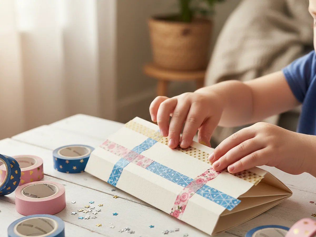 A child decorating a handmade paper fan with colorful washi tape strips and star stickers on a craft table