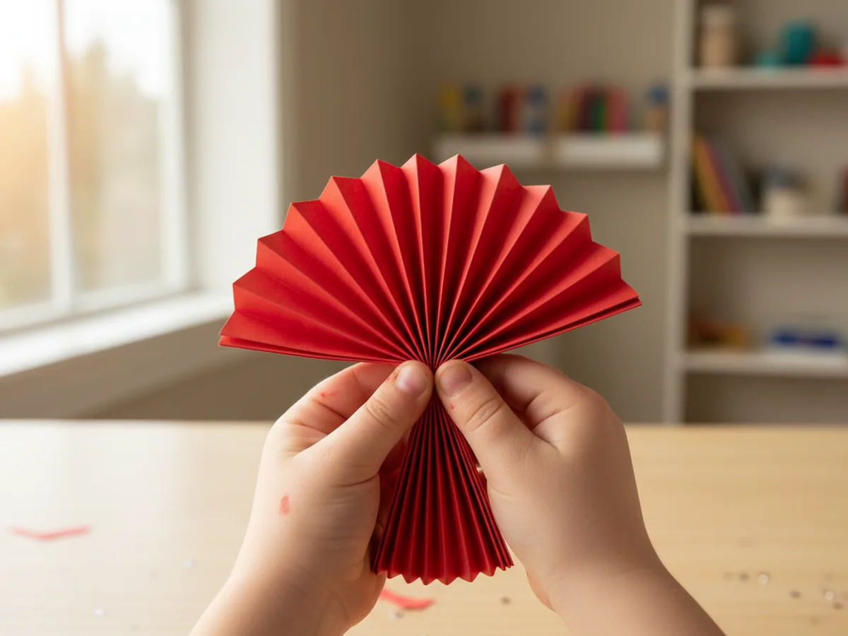 A fully accordion-folded strip of red construction paper pinched in the center and folded in half, showing the fan shape beginning to form