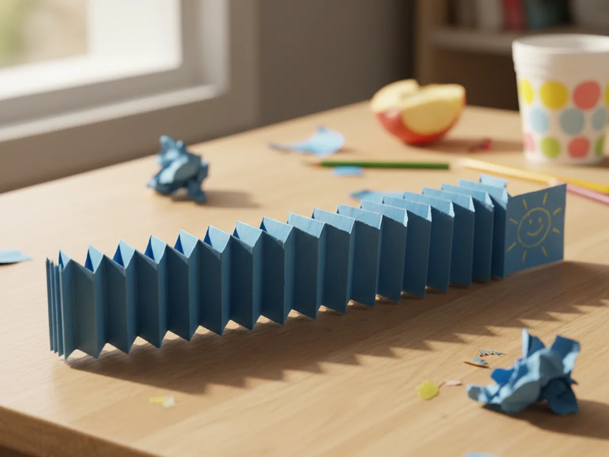 A fully accordion-folded strip of blue construction paper, all creases pressed flat, ready to be folded in half