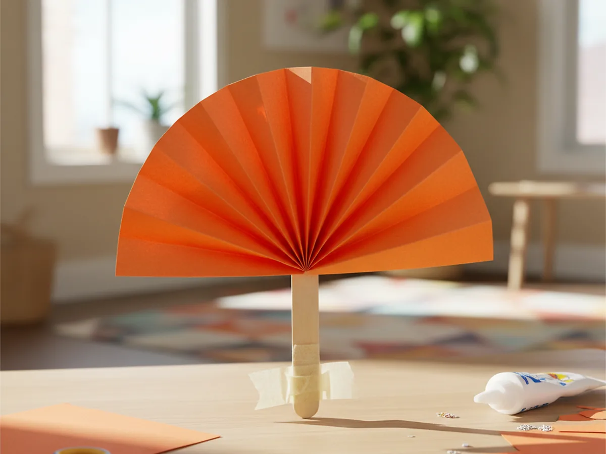 A completed accordion-folded paper fan opened into a full semicircle shape, showing the pleated construction paper fanned out