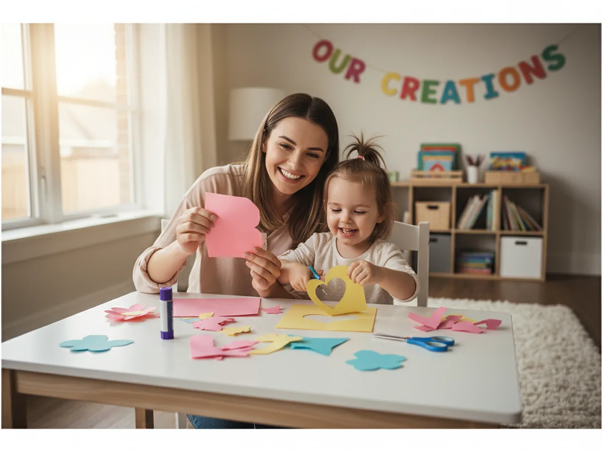 A mom and young child sitting together at a craft table smiling, ready to make a paper fan craft with colorful construction paper