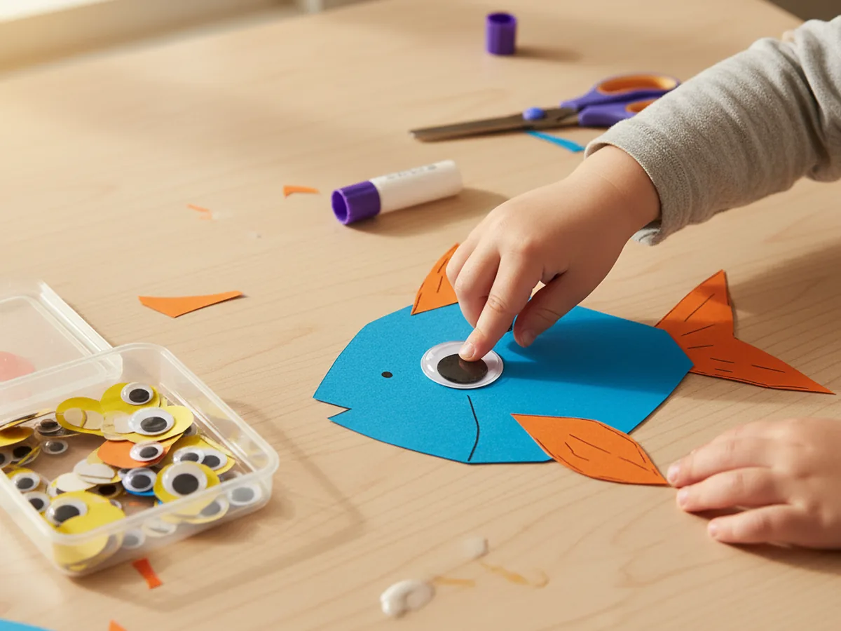 A child pressing a googly eye onto the head of the assembled blue and orange paper fish craft