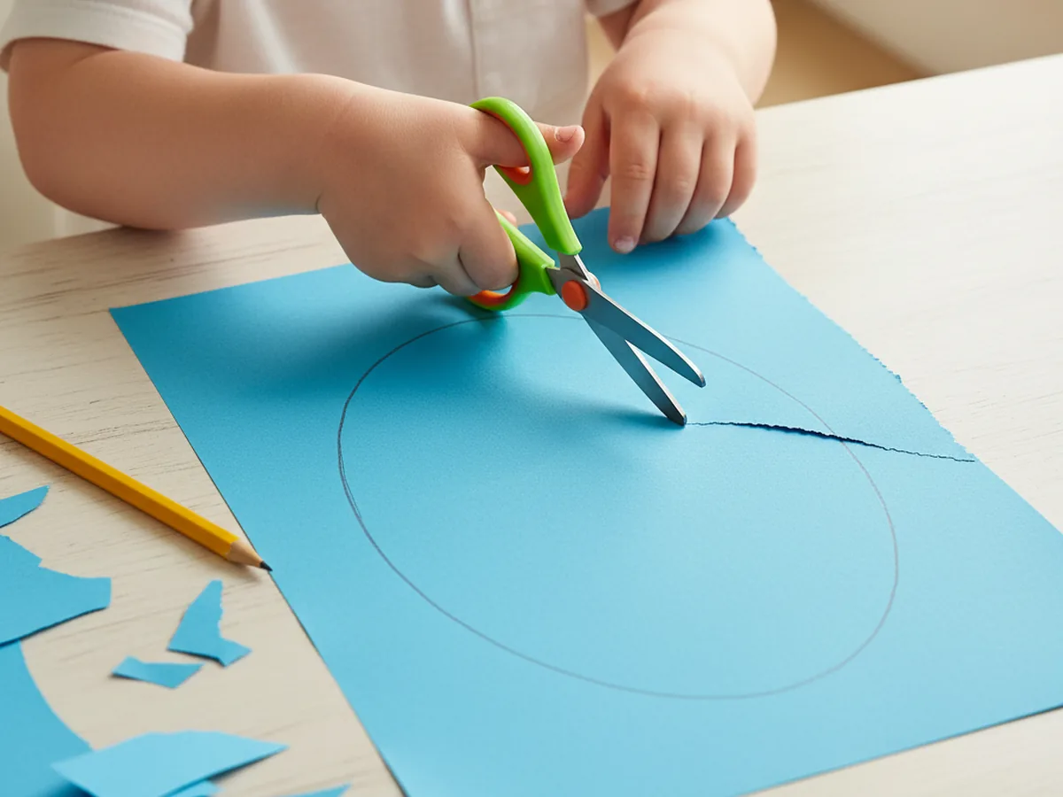 A child cutting out an oval fish body shape from bright blue construction paper using child-safe scissors