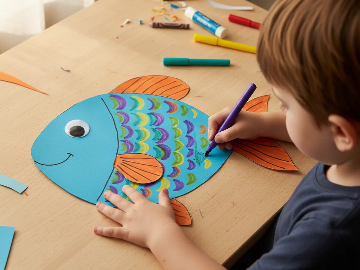 A child drawing colorful scale patterns on the blue paper fish using purple and teal washable markers