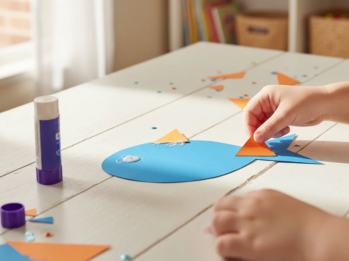 A child pressing the orange tail fin onto the blue paper fish body with a glue stick visible on the craft table