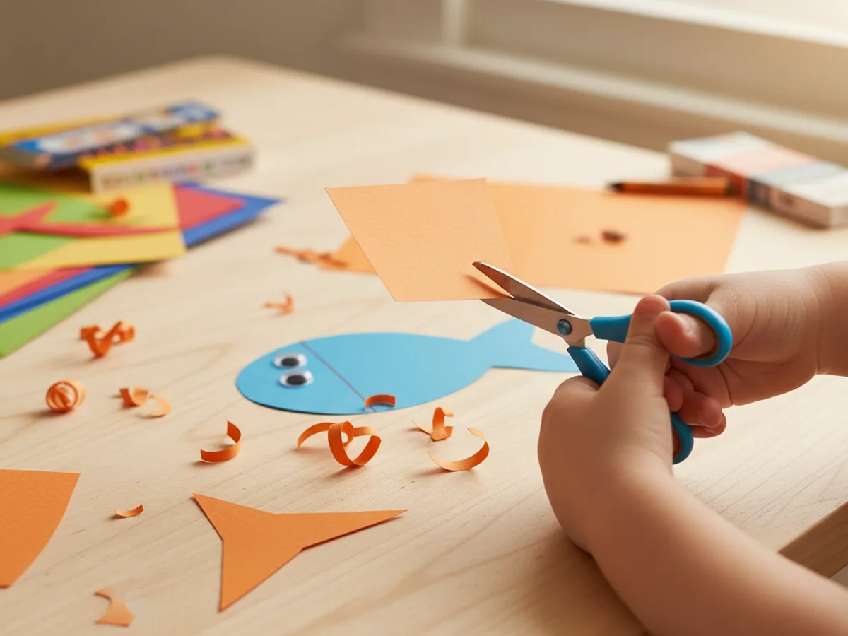 A child cutting small triangle fins from orange construction paper with the blue fish body visible on the table