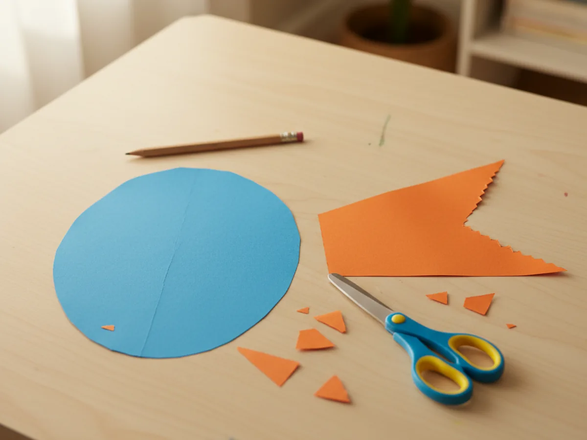 A blue construction paper oval fish body and an orange triangular tail fin cut out and laid on a craft table