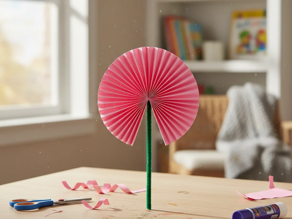 A handmade accordion-folded paper flower fanned open into a round colorful bloom with a pipe cleaner stem