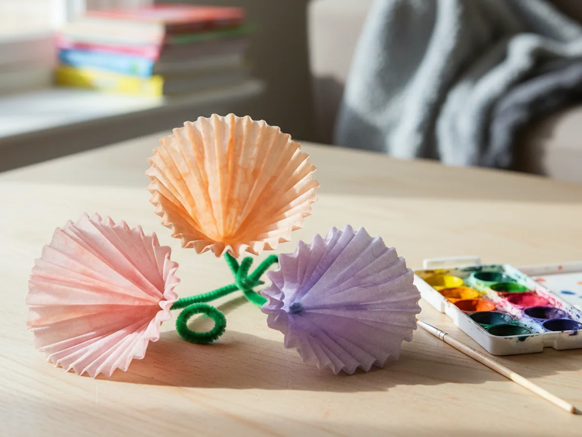 Handmade coffee filter flowers painted with soft watercolors in pink, orange, and purple with green pipe cleaner stems