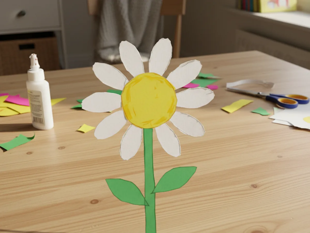A handmade construction paper daisy with white oval petals radiating around a yellow circle center on a green paper stem