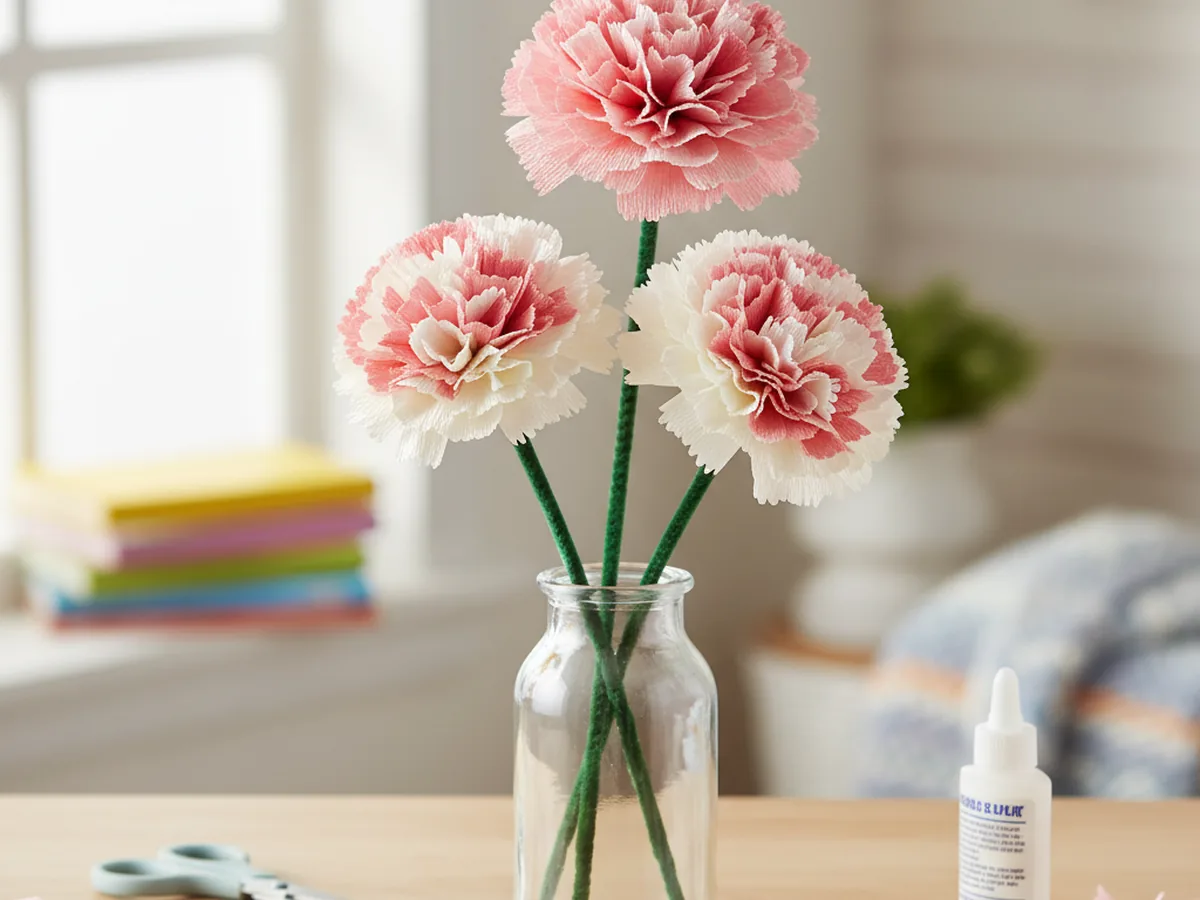 Handmade crepe paper carnations in pink and white with ruffled layered petals and green pipe cleaner stems in a small vase