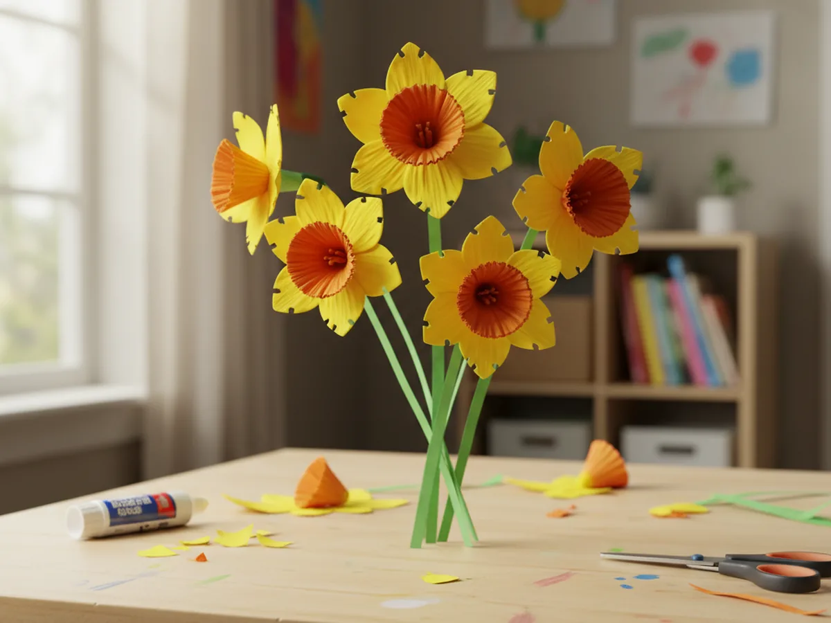 Handmade cupcake liner daffodils in yellow and orange with notched petal edges and a ruffled trumpet center on a craft table