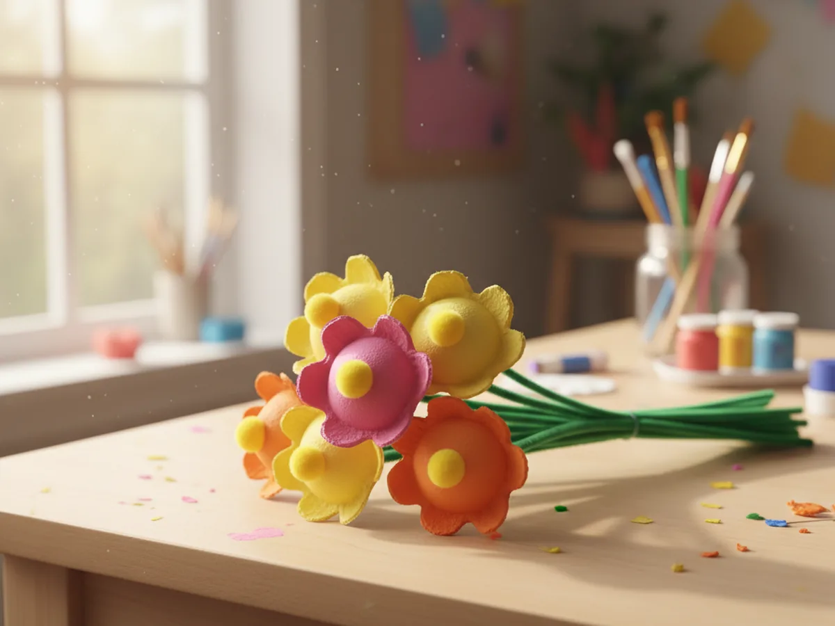 Handmade egg carton flowers painted in bright pink and yellow with petal-trimmed edges and pipe cleaner stems in a bundle