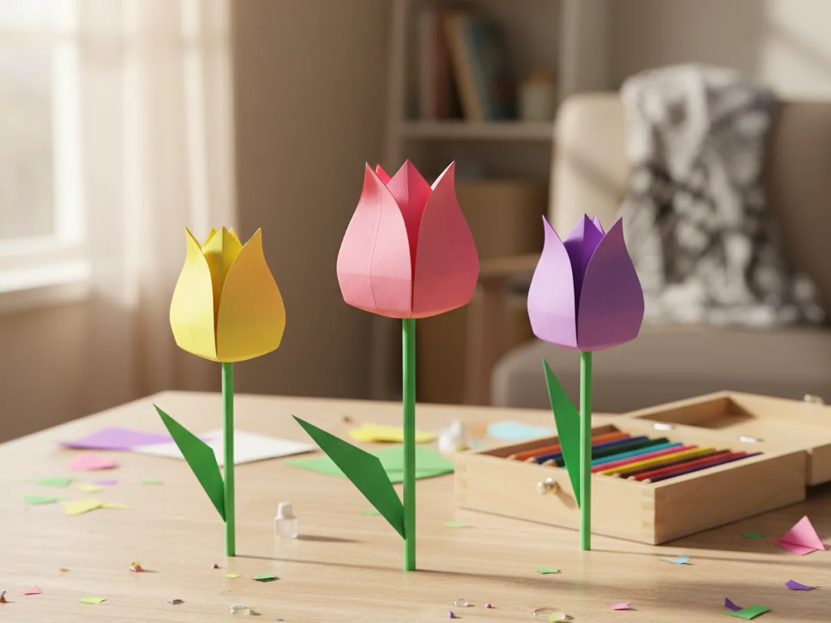 A finished origami paper tulip in bright pink with a green origami stem and leaf standing upright on a wooden table