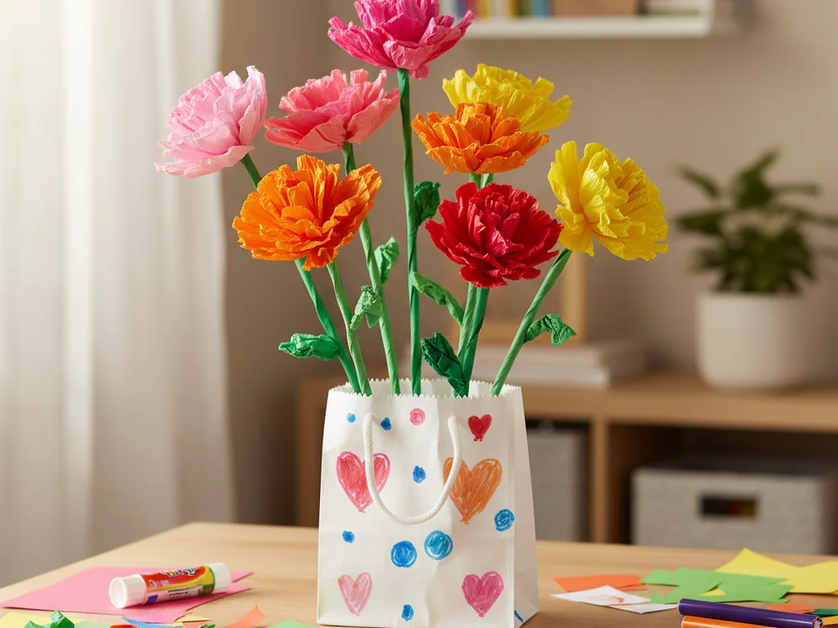 A handmade paper bag flower bouquet with colorful paper flowers on green stems arranged in a small decorated paper bag