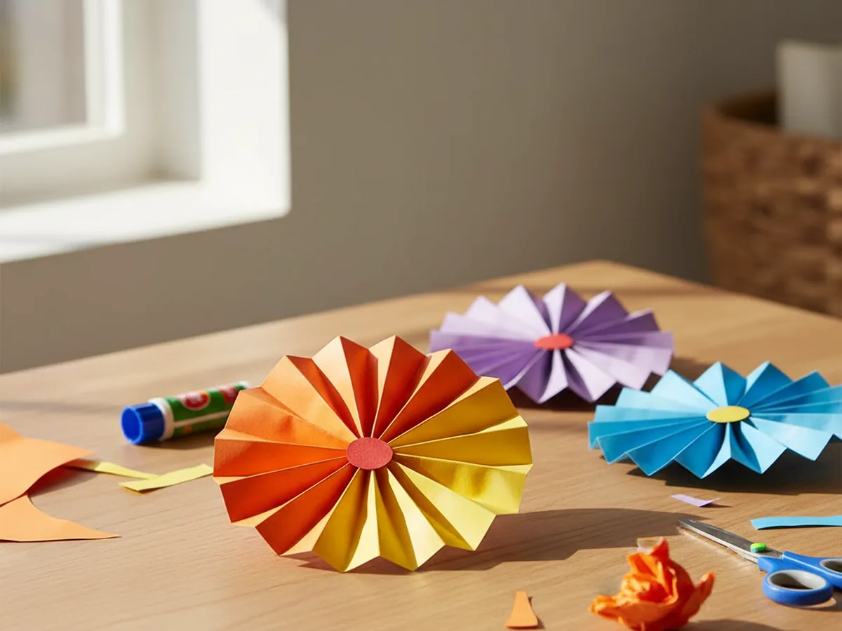A handmade paper fan flower made from two accordion-folded sheets joined into a round bloom with a small circle center