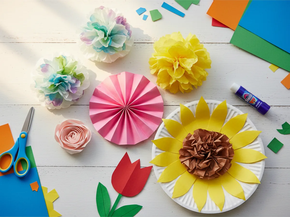 A colorful flat lay of handmade paper flower craft ideas including accordion flowers, tissue pom poms, and paper roses on a craft table