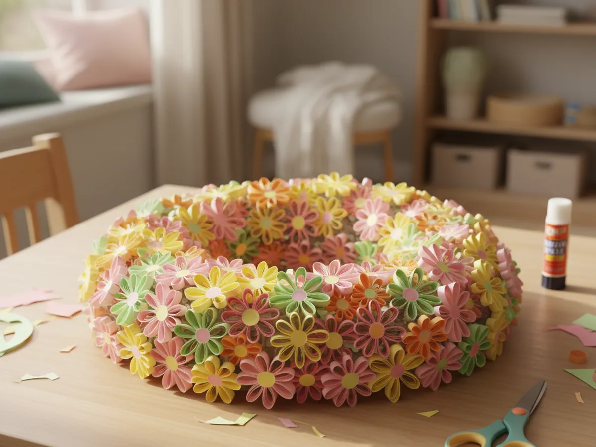A handmade paper wreath covered in small loop paper flowers in pink, yellow, and orange on a circular cardstock base