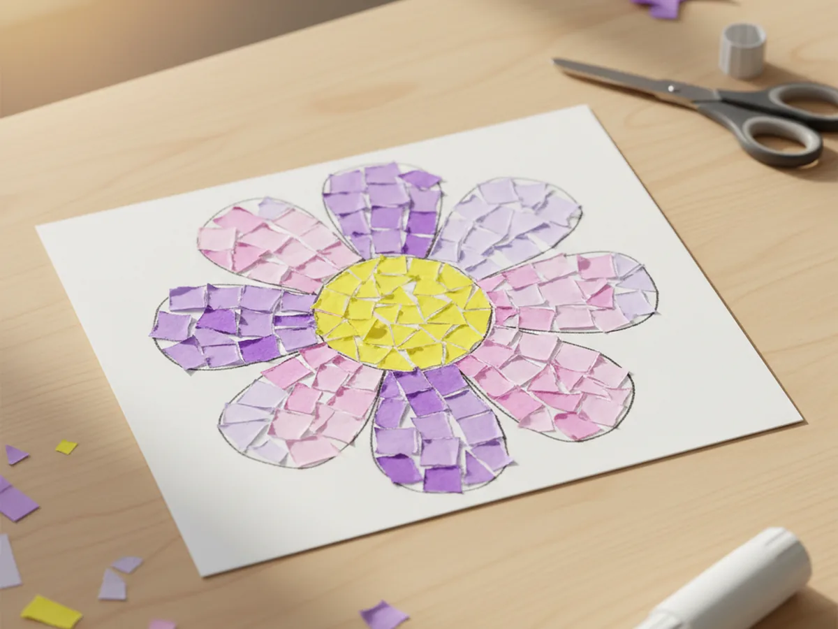 A handmade paper mosaic flower card with small torn paper squares in purple and yellow forming a colorful flower on white cardstock