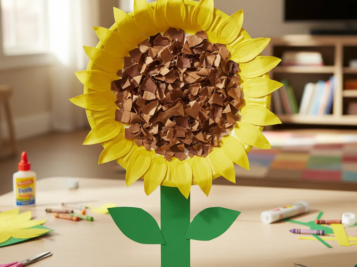 A handmade paper plate sunflower with yellow construction paper petals and a brown torn-paper center on a craft table