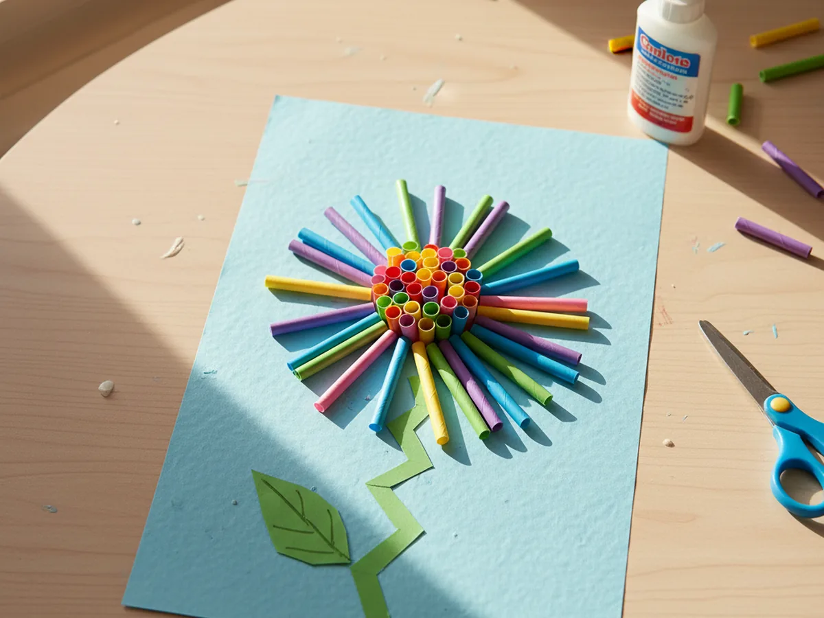 A handmade paper straw flower with cut straw segments arranged as petals radiating from a center on a blue paper background