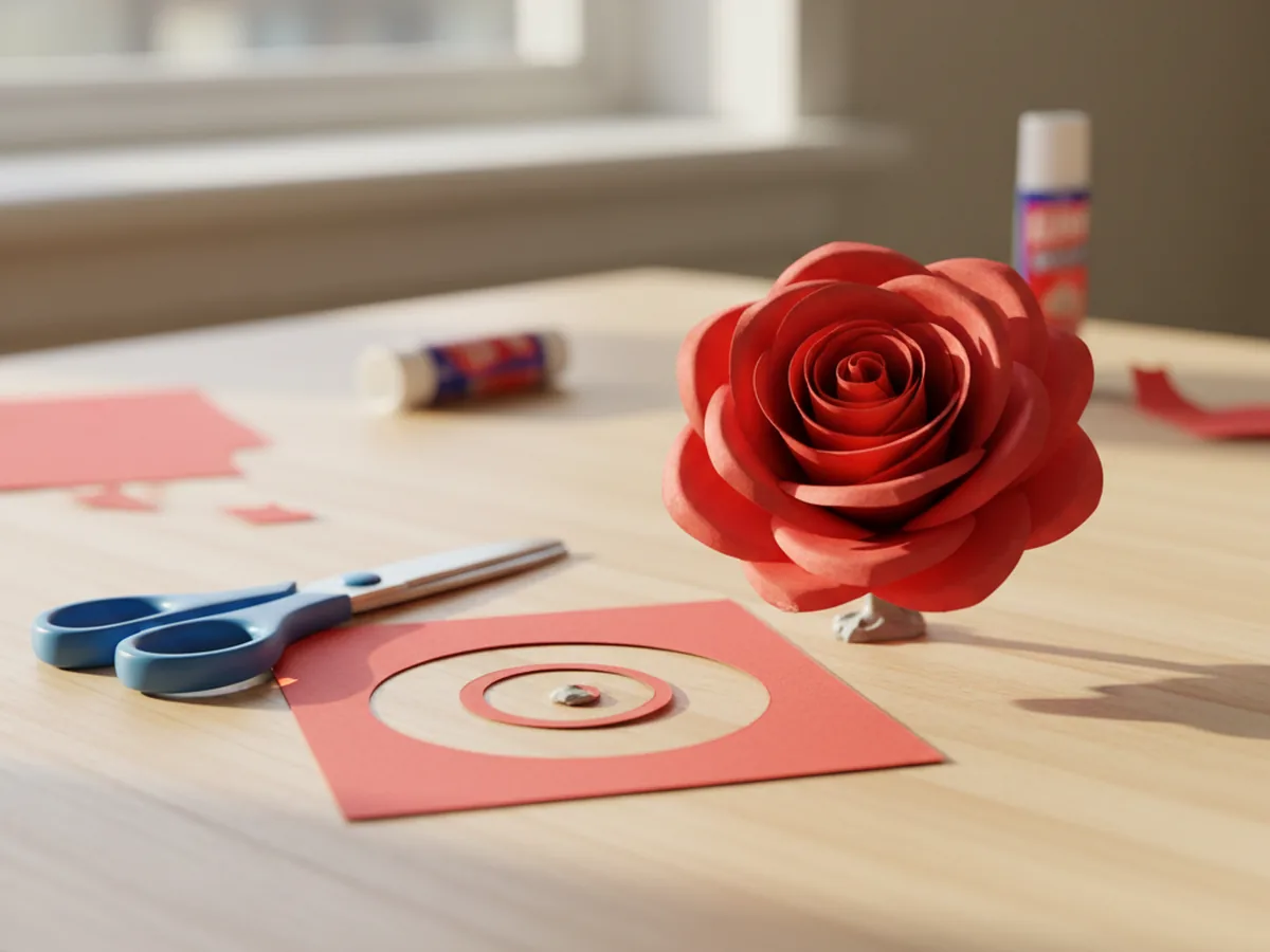A handmade paper spiral rose in red sitting on a craft table next to the square of paper it was cut from