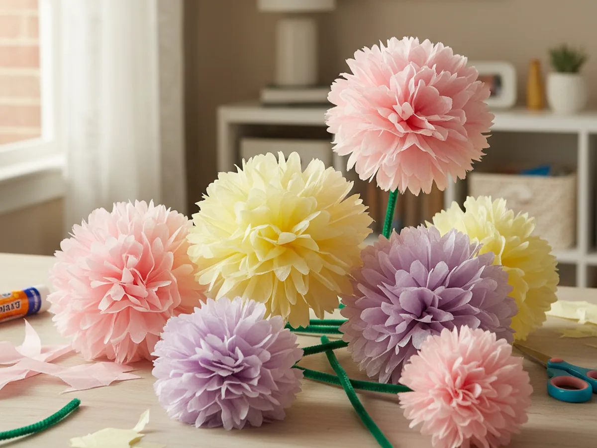 Several fluffy tissue paper pom pom flowers in pink, yellow, and lavender arranged together on a light craft table