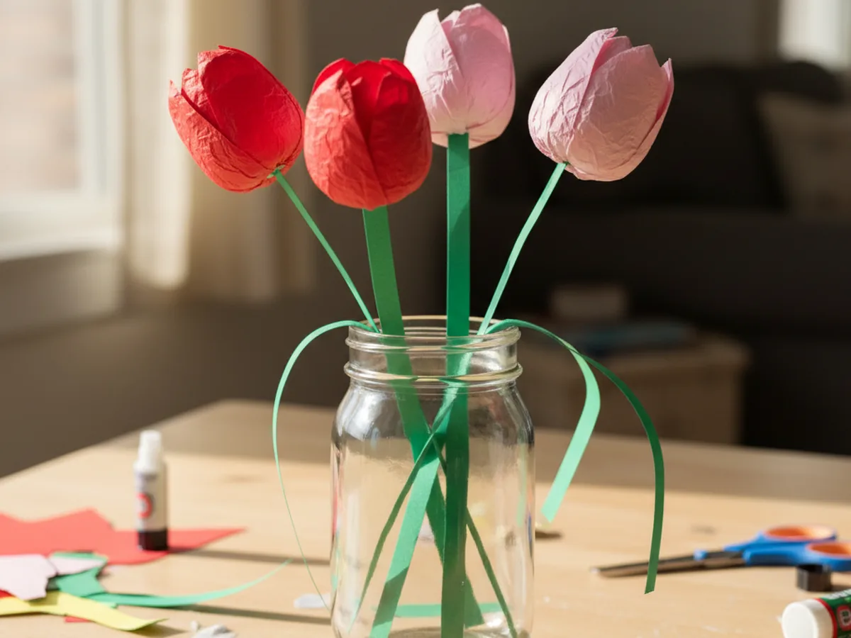 Several handmade toilet paper roll tulips in pink and red with green paper stems standing upright in a small mason jar