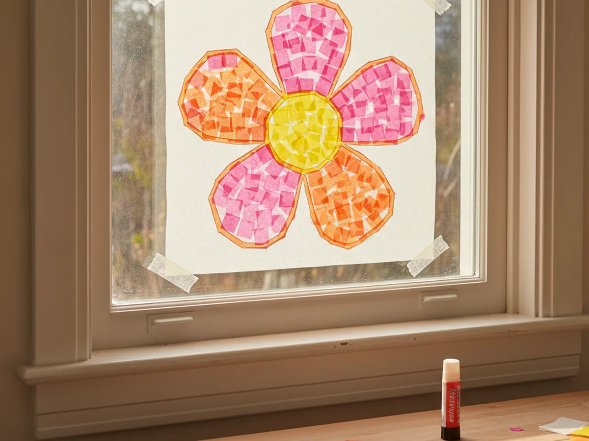 A wax paper flower suncatcher with colorful tissue paper pieces glowing against a sunny window in warm orange and pink tones
